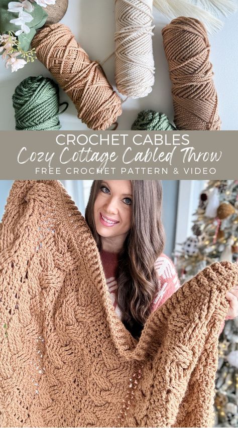 Free crochet pattern for blog subscribers. Introducing the Cozy Cottage Cabled Throw Blanket, a stunning home decor item that is a must-have for crochet enthusiasts seeking a touch of luxury and warmth. This lovely throw blanket boasts a chunky cabled texture that is reminiscent of luxurious cable knit designs, adding elegance and charm to any room. Crochet Throw Pattern, Chunky Crochet Blanket, Crocheting Projects, Crochet Cable, Crochet Blanket Designs, Crochet Quilt, Afghan Crochet, Manta Crochet, Crochet Afghans