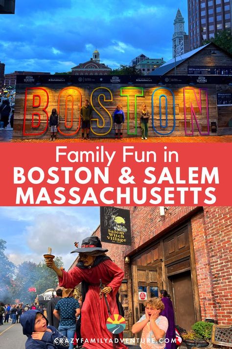 Shows 2 frames- the top frame shows kids in front of a lit Boston sign with the twilight sky in the background. The bottom frame shows kids in front of a statue of a witch in Salem. Boston Family Vacation, Best Food In Nyc, Boston With Kids, Rv Travel Destinations, Best Rv Parks, Great Places To Travel, Boston Things To Do, Massachusetts Travel, New England Fall