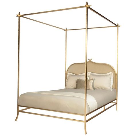 Casablanca Poster King Bed With Gold Leaf Frame By Badgley Mischka Home Gold Four Poster Bed, Low Profile Canopy Bed, Casablanca Poster, King Poster Bed, Linen Headboard, Bed Price, Leaf Frame, Queen Poster, Four Poster Bed