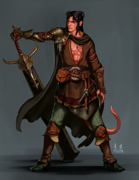 ArtStation - Character Commission: Ascher - Tiefling Warrior, Andrew Phillips Jungle Clothes, Medieval Demon, Tiefling Male, Tiefling Paladin, Barbarian Dnd, Glen Keane, Character Commission, Roleplay Characters, Male Characters