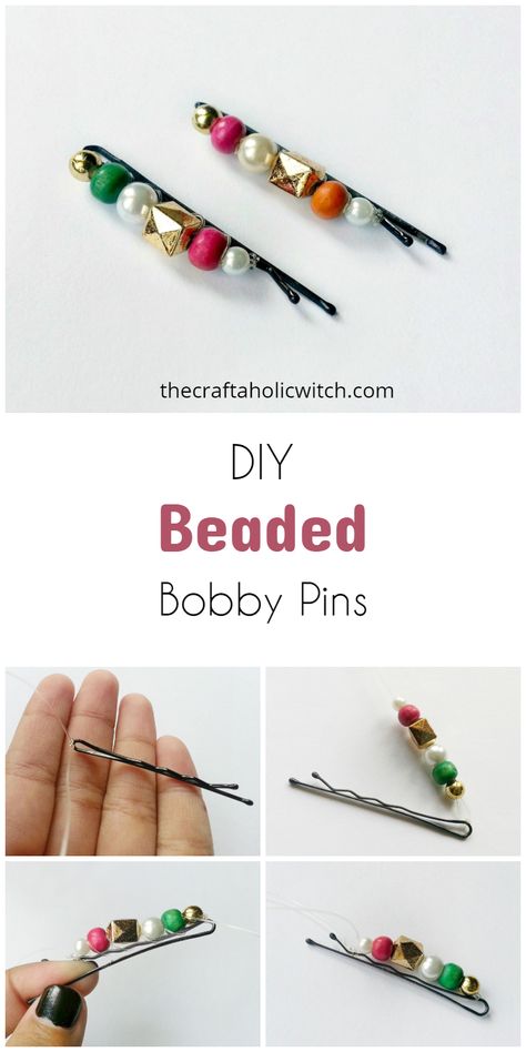 DIY Beaded Bobby Pins 5 Bobby Pin Decorative Diy, Diy Beaded Bobby Pins, Bobby Pin Crafts Diy, Bobby Pin Designs, Beaded Hair Pins Diy, Diy Barrettes For Women, How To Make Hair Pins, Crochet Bobby Pins, Beaded Hair Clips Tutorial