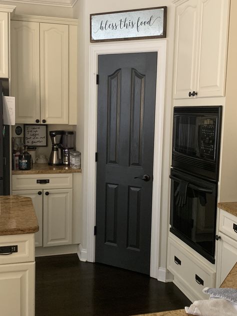 Grey Pantry Door, Dark Pantry Door, Painted Pantry Door Ideas Accent Colors, Black Pantry Door White Kitchen, Black Interior Doors Kitchen, Walk In Pantry Door Ideas, Above Pantry Door Decor, Black Pantry Door Ideas, Black Pantry Door