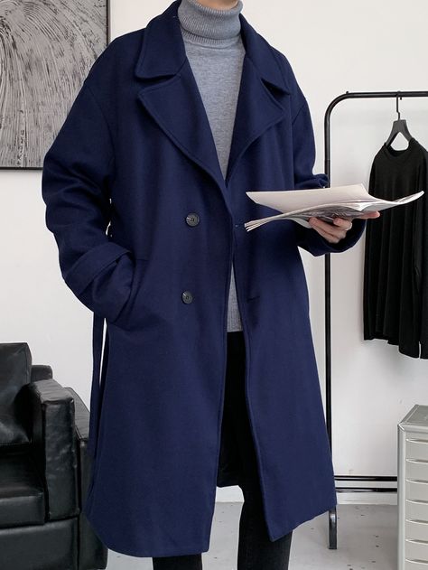 Navy Blue Casual Collar Long Sleeve Fabric Plain Regular Embellished Slight Stretch  Men Outerwear Aesthetic Blue Outfits Men, Navy Blue Aesthetic Outfit Men, Navy Blue Coat Outfit, Blue Clothes Aesthetic, Blue Coat Outfit, Blue Outfit Winter, Blue Outfit Men, Navy Overcoat, Aesthetic Male Outfits