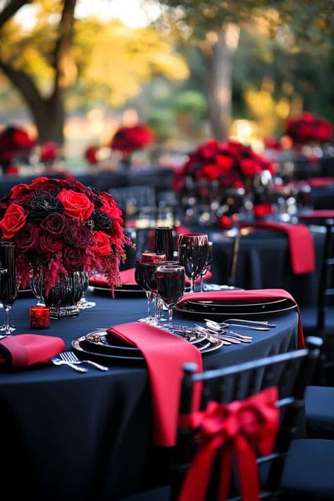 Red And Black Bridal Party, Black And White Gothic Wedding, Red And Black Flower Centerpieces, Black And Red Roses Wedding, Red And Black Wedding Dress The Bride, Red White And Black Decorations, Black Red Party Decorations, Red Black Quinceanera Theme, Black And Red Wedding Centerpieces