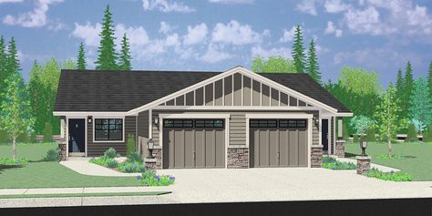 Plan D-659: Single Level Ranch Style Duplex House Plan | Bruinier & Associates Loft Floor Plan, Duplex House Plan, Duplex Floor Plans, Duplex Plans, Ranch Style House, Duplex Design, Ranch Style House Plans, Garage House Plans, Duplex House Plans