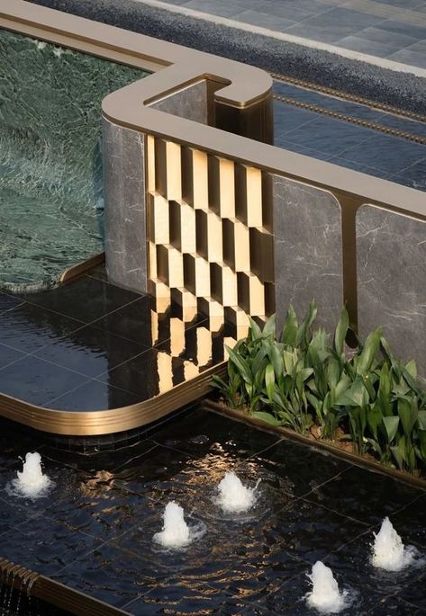 Landscape Feature Wall, Chinese Garden Design, Waterscape Design, Modern Water Feature, Glass Shelves Decor, Water Architecture, Compound Wall Design, Outdoor Gardens Landscaping, Boundary Wall