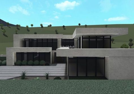 Bloxburg House Design Modern, Big Modern Mansion Bloxburg, Bloxburg Modern Exterior Ideas, Bloxburg House Inspo Exterior Modern, Modern Bloxburg House Ideas Exterior Layout, Concrete House Bloxburg, Bloxburg Modern Layout 2 Story, Modern Room Ideas Bloxburg, Bloxburg Layout Ideas 2 Story Modern