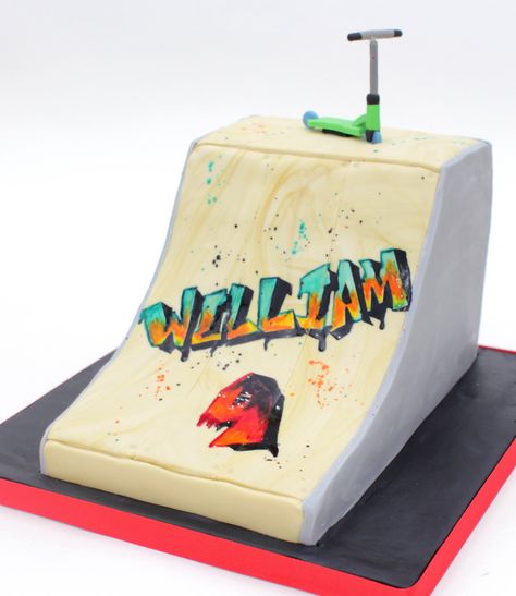 For a scooter mad 9 year old with a replica of his birthday present at the top. Great fun hand-painting the graffiti letters..... Skater Cake Ideas, Scooter Cake, Skateboard Cake, Skateboard Party, Skateboard Birthday, Skate Ramp, Transportation For Kids, Graffiti Letters, 3d Cakes