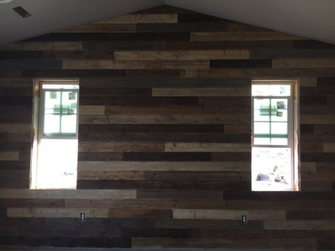 DIY {Stained Shiplap} Mater Bedroom – Take 2 Bedroom Wall With Windows, Old Shiplap Wall, Shiplap Bedroom Wall, Dark Shiplap, Stained Shiplap, Shiplap Bedroom, Modern Cabin Decor, Cattle Barn, Diy Staining