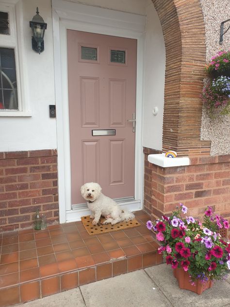 Pink Upvc Front Door, Sulking Room Pink Front Door, Dusky Pink Front Door, Pink Front Door Brick House, Mauve Front Door, Blush Front Door, Pink Door Exterior, Pink Exterior House, Victorian Terrace Hallway