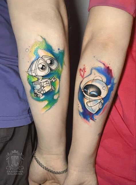 Character Couple Tattoos, Cute Couple Tattoos Disney, Walle And Eve Tattoos Couple, Video Game Couple Tattoos, Couple Tattoos Up Movie, Unique Infinity Tattoo, Disney Couple Tattoos, Infinity Couple Tattoos, Partner Tattoos