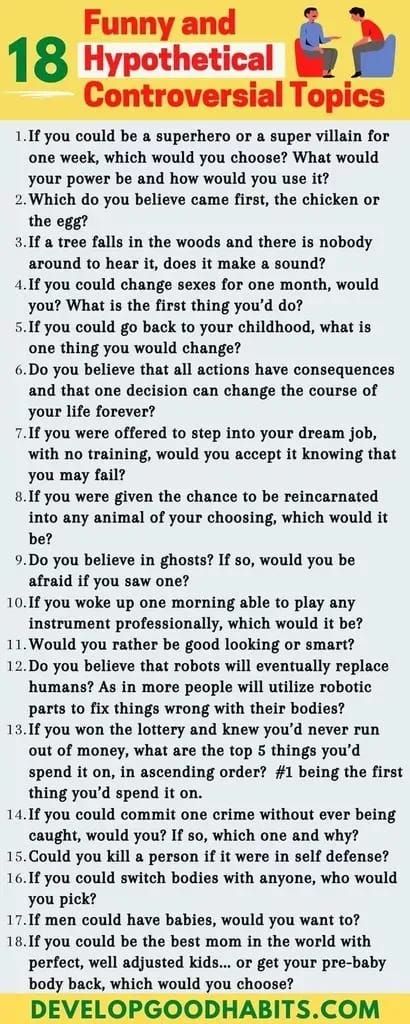 Funny and Hypothetical Controversial Topics #controversy #conversation #conversationtopics Open Discussion Topics, Contriversal Topics, Hypothetical Questions Funny, Funny Podcast Topics, Funny Hypothetical Questions, Controversial Questions Funny, Comedy Questions, Funny Topics To Talk About, Interesting Topics To Research