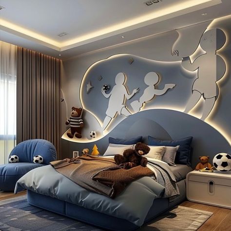 Football-themed boys' room with creative decor ideas. Features include football wall art, themed bedding, a goalpost headboard, a football rug and curtains, and football-themed storage solutions. Perfect for young sports enthusiasts! Football Bedroom Ideas For Boys, Football Bedroom Ideas, Sports Rooms, Bedroom Ideas For Boys, Sports Room Boys, Football Bedroom, Circu Magical Furniture, Magical Furniture, Football Decorations