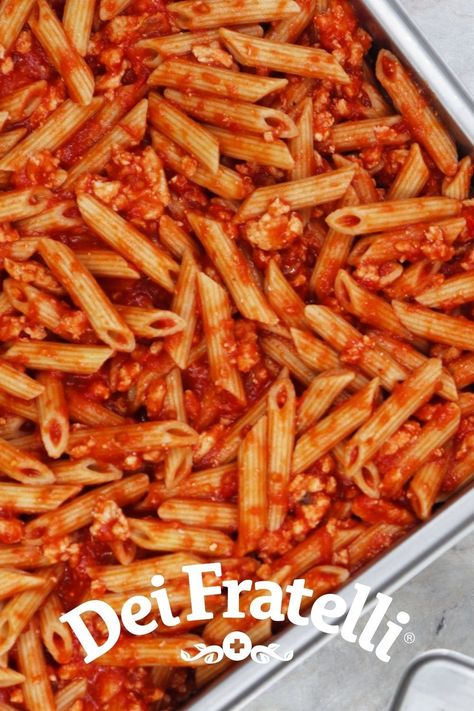 Image of Dei Fratelli Turkey Marinara Pasta Bake Recipe Marinara Pasta Bake, Italian Marinara Sauce, Unique Pasta Dishes, Marinara Pasta, Pasta Marinara, Penne Pasta Recipes, Healthy Ground Turkey, Delicious Pasta, Pasta Pasta