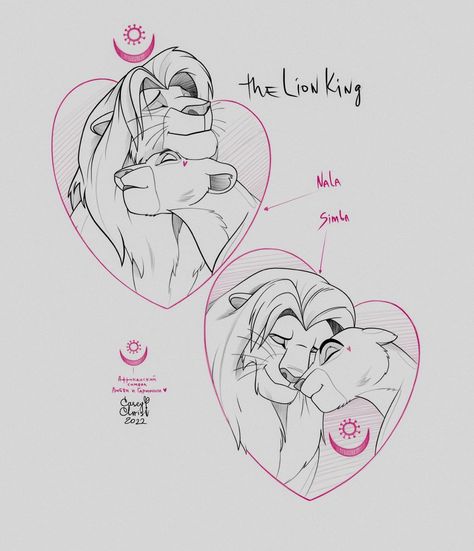 Lion King Couple Tattoos, Simba And Nala Tattoo Couple, Lion King Matching Tattoos, Nala Tattoo Lion King, Disney Couples Drawings, Lion Couple Drawing, Simba Tattoo Lion King, Disney Couple Drawings, Disney Couples Tattoos