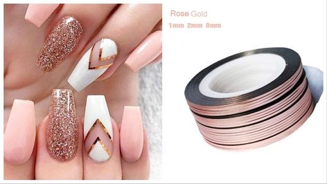 NEW NAIL ART STICKERS STRIPING DECAL FOIL TAPE ROLL ROSE GOLD 1mm 2mm 3mm Nail Striping Tape, Rose Gold Nail Art, Tape Nail Art, Line Nail Art, Nail Tape, Stripped Nails, Lines On Nails, Nail Art Sticker, Striped Nails