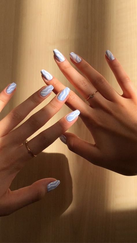 Pastel Blue Summer Nails, Stripped Nail Designs Stripes, Blue Nails With White Lines, Blue Squiggle Nails, Pale Blue Nails With Design, Blue Stripe Nails, Light Blue Summer Nails, Ideas For Nails, Blue And White Nails