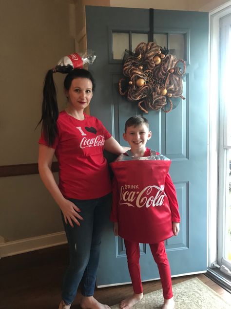 Kids- laundry basket upside down. Cut hole for head and arms on side. Silver fabric for rim, red fabric for the rest. Coke logo from Amazon, rub on flat red fabric. Red undershirt and pants. Mom- coke bottle, cut hole for hair , hot glue hair clip to bottle. Pull hair through the hole and out of the bottle, pin bottle to head making it secure. Coke Cola Costume, Coke Zero Costume, Coca Cola Halloween Costume, Soda Halloween Costumes, Coca Cola Costume, Coke Costume, Terrifying Halloween Costumes, Themed Costumes, Terrifying Halloween