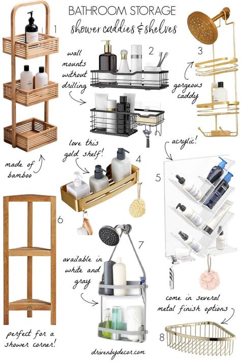 15 Small Bathroom Storage Ideas To Help Kick the Clutter! - Driven by Decor Showe Storage, Ideas For Shower Storage, Shower Accessories Ideas, Small Shower Storage, Bathroom Shower Storage Ideas, In Shower Storage, Bathtub Storage Ideas, Shelving Ideas Bathroom, Pedestal Sink Storage Ideas