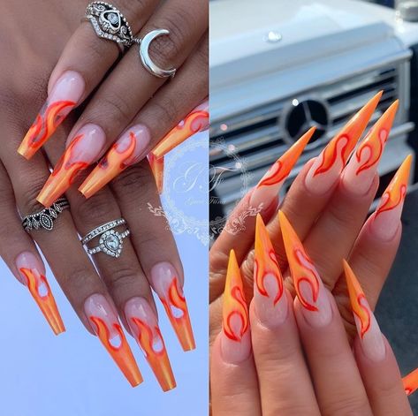 Orange Nail Art, Orange Acrylic Nails, Flame Nail Art, Popular Nail Colors, Orange Nail Designs, Orange Nail, Fun Nail Colors, Swarovski Nails, Creative Nail Designs