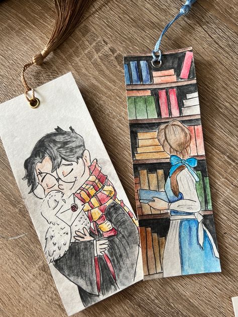 The Harry Potter bookmar is a recreation from @anthonywheelart on instagram and Belle, from my Disney princess series Harry Potter Book Marks Diy, Disney Bookmark, Bookmark Handmade Ideas, Disney Bookmarks, Harry Potter Bookmark, Diy Crafts Bookmarks, Handmade Bookmarks Diy, Creative Bookmarks, Bookmark Craft