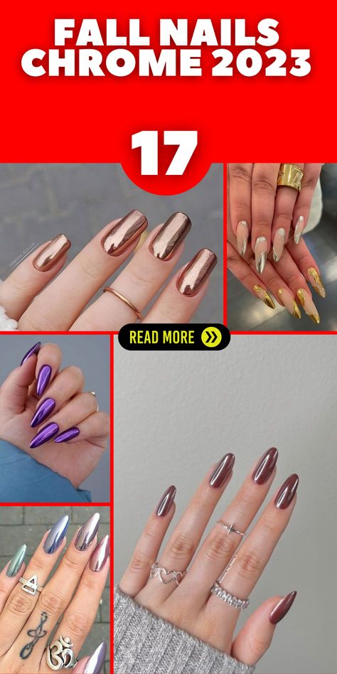 Step up your nail game this fall with the hottest trend of 2023 - chrome nails. Embrace the autumn vibes with trendy and stylish nail designs that will turn heads. Whether you prefer short gel nails or almond-shaped acrylics, these designs are perfect for the season. Take inspiration from Hailey Bieber's iconic nail looks and experiment with French tips in various shades, including pink, white, red, and black. Chrome Nails 2023 Trends, Fall Nails With Chrome Powder, Fall Nails 2023 Trends Almond, Fall Nail Designs Chrome, Chrome Fall Nail Designs, Nails 2023 Chrome, Nails 2023 Trends Chrome, Fall French Nails 2023, Gel Nail Designs Chrome