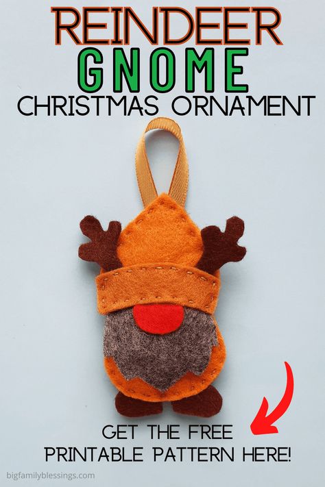 Felt Gift Tags Christmas, Gnome Gift Wrapping Ideas, Gnome Felt Ornament, Felt Gnome Ornament Free Pattern, Free Gnome Patterns, Gnome Christmas Ornaments, Reindeer Gnome, Diy Reindeer, Gnome Christmas Tree