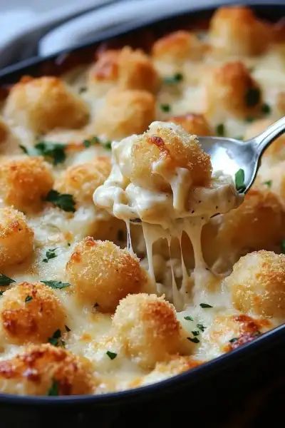 Looking for a comforting dinner idea? Try this Chicken Alfredo Tater Tot Casserole! It's creamy, delicious, and perfect for a cozy family meal. Pin it now and enjoy later! Creamy Tater Tot Casserole, Alfredo Tater Tot Casserole, Tator Tot Chicken Alfredo, Chicken Alfredo Hotdish, Chicken And Tater Tot Casserole, Tatertot Casserole Recipe Chicken, Chicken Tot Casserole, Tator Tot Recipes Dinners, Chicken Alfredo Tater Tot Casserole