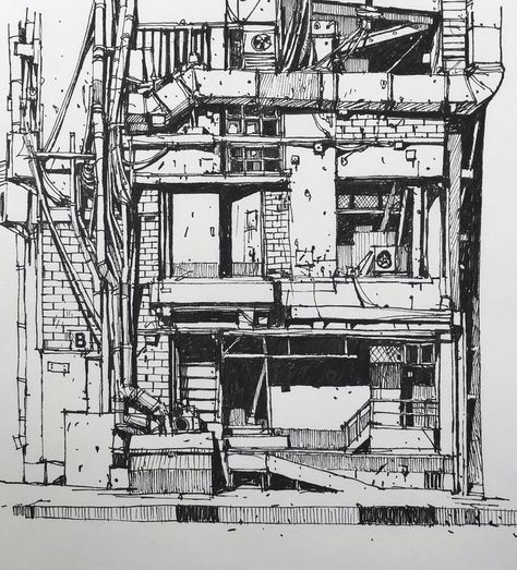 Drawing Ideas Buildings, Ian Mcque, Background Drawing, Perspective Drawing, Ink Drawings, Landscape Drawings, Rooftops, Urban Sketching, Environment Design