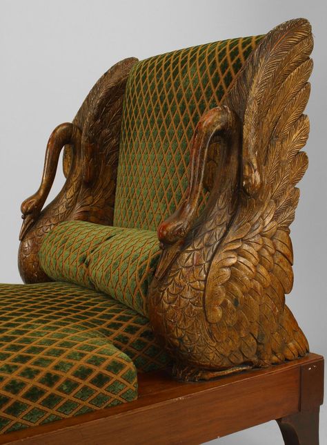 Swan Furniture, Moon Hanging, Unusual Furniture, Velvet Drapes, Mahogany Wood, Wicker Chair, Swans, Bay Window, Unique Furniture