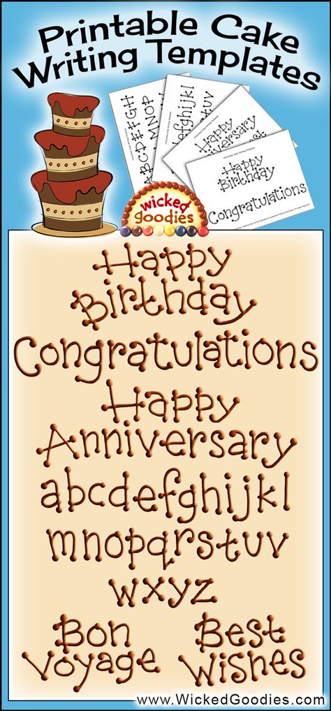 Wicked Goodies | Cake Writing Font Templates | https://www.wickedgoodies.net Fonts For Cake Writing, Cake Writing Fonts, Buttercream Frosting Cake, Royal Icing Templates, Congratulations And Best Wishes, Birthday Cake Writing, Cake Lettering, Anniversary Congratulations, Cake Piping