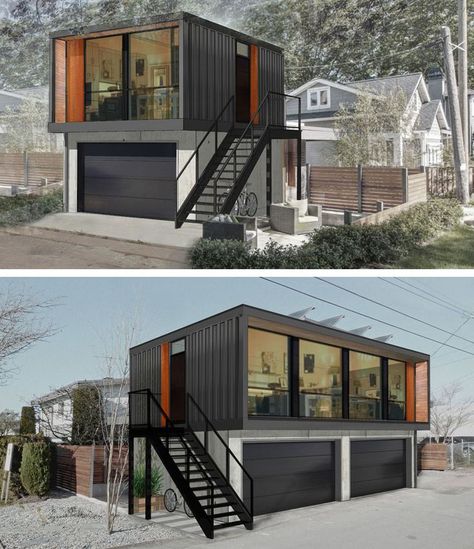 It’s getting easier to fulfill your dreams of living in a shipping container above a garage Small Shipping Containers, Prefab Shipping Container Homes, Shipping Container Home Designs, Shipping Container House Plans, Container Buildings, Building A Container Home, Container Architecture, Container House Plans, Shipping Container House