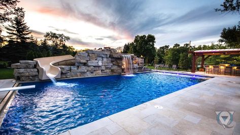 Pool With Stone, Inground Pool Slides, Pool With Slide, Stone Waterfall, Pool Kings, Gunite Swimming Pool, Inground Pool Designs, Swimming Pool Service, Inground Pool Landscaping