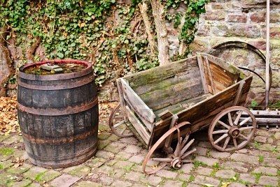 old-vintage-wooden-barrel-and-broken-wheelbarrow Wheelbarrows, Wooden Barrel, Prop Design, Back In The Day, Landscape Art, Game Design, Garden Tools, Barrel, Bicycle