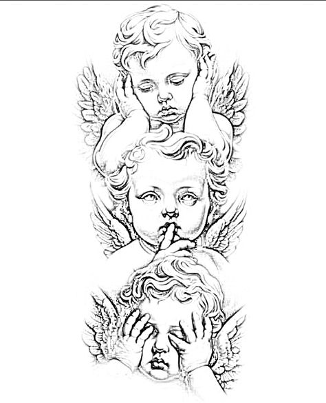 Angels Hear No Evil See No Evil Tattoo, Angel Speaking In Ear Tattoo, Three Angles Tattoo, Angles Tattoos For Women, Whispering Angel Tattoo, Baby Angels Tatoos, 3 Angels Tattoo Designs, Angel Neck Tattoos Women, Baby Angel Drawing