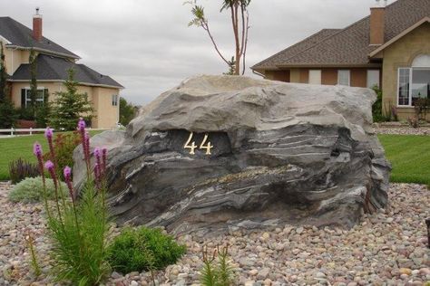 Fake Boulders, Boulder Garden, Address Marker, Front Lawn Landscaping, Artificial Rocks, Fake Rock, Privacy Landscaping, Driveway Entrance, Landscaping With Boulders