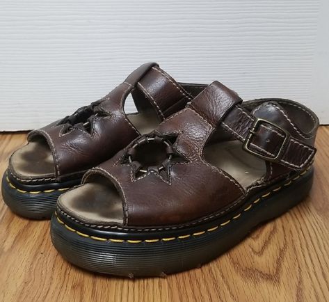 Vintage Sandals Aesthetic, Vintage Doc Sandals, Cool Dr Martens, Brown Doc Marten Sandals, Vintage Dr Marten Sandals, Doc Sandles, Cottagecore Sandals, Whimsigoth Shoes, Earthy Shoes