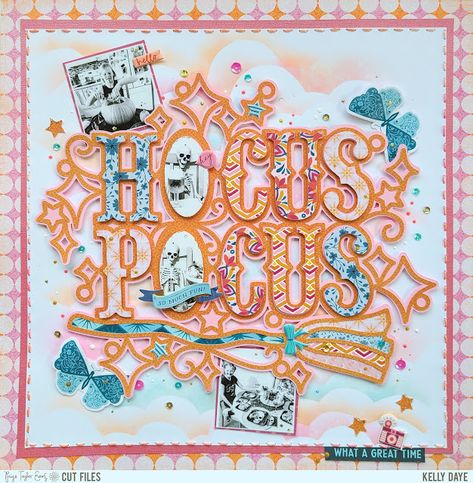 Hocus Pocus Layout by Kelly Daye | Paige Taylor Evans Paige Taylor, Halloween Layout, Pink Paislee, Scrapbook Collection, Alphabet Stickers, Puffy Stickers, Ranger Ink, Distress Oxide Ink, Scrapbook Layout