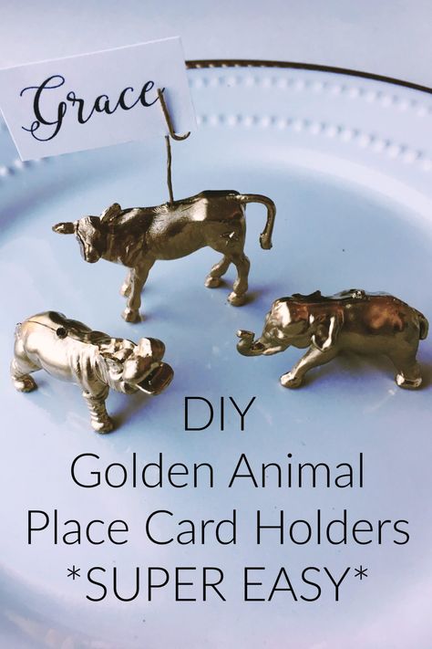 Make these DIY gold toy animal place card holders. They will add whimsy to any table, are fun for adults and kids, and are super easy to make! Animal Place Cards, Diy Party Animals, Place Card Holders Diy, Diy Buffet, Wedding Touches, Card Holder Diy, Table Markers, Place Card Holders Wedding, Table Card Holder