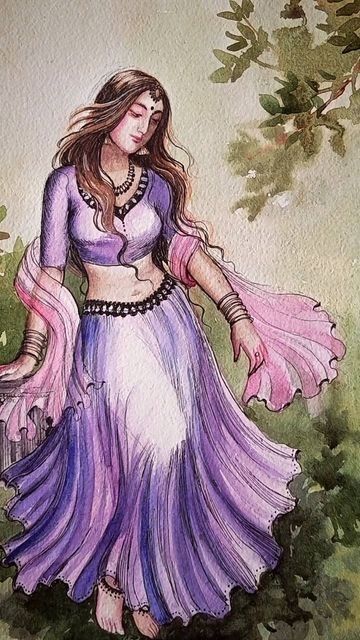 Simple Figure Painting, Figure Composition Paintings, Unique Watercolor Paintings Ideas, Human Figure Painting, Indian Woman Watercolor, Watercolor Figure Painting, Lord Painting, Figure Composition, Watercolor Composition