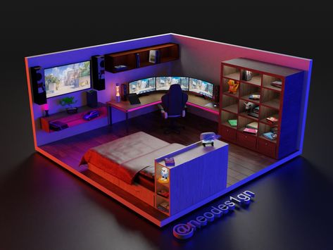 Explore this designers work on Instagram(@neodes1gn), the best place for to feedback, community. Gaming Bedroom Ideas, Gaming Computer Room, Gaming Bedroom, Tech Room, Gamer Bedroom, Small Game Rooms, Gaming Rooms, Computer Gaming Room, 3d Blender