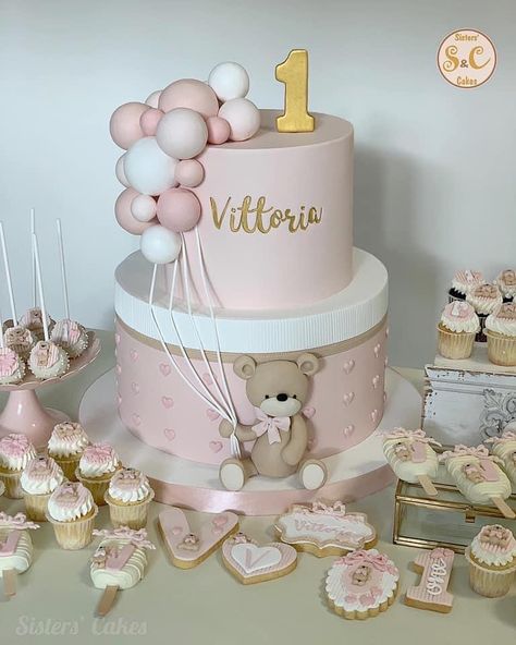 Pink Bear Cake, Cake With Balloons, One Year Birthday Cake, Baby 1st Birthday Cake, Bear Baby Shower Cake, Pink Baby Shower Cake, Minnie Mouse Birthday Cakes, Pastel Baby Shower