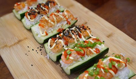 Baked Carrots Recipe, Sushi Boats, Cucumber Rice, Cucumber Shrimp, Cucumber Boats, Rice Shrimp, Shrimp Boats, Shrimp Sushi, Cucumber Rolls