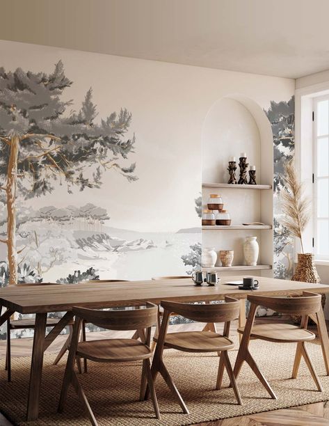 Quiberon is a stunning landscape style mural in the style of de Gournay, Zuber and Gracie. This wallpaper is designed and printed in France from an original hand painted artwork. Each numbered pack has 3 panels. The full repeat, as shown is created by packs 1, 2 and 3. Pack Contents: 3 panels @ 19.66" wide x 120" high each panel (total pack width 59")Entire Mural: 177" wide x 120" high (made by packs 1,2, and 3)Lead Time: 7-10 business days if in stock You must purchase all three packs to comple Tea Room Design, Tree Wall Murals, Chinoiserie Wallpaper, French Interior, Dining Room Walls, Room Wallpaper, Wood Paneling, Room Interior, Mural Wallpaper