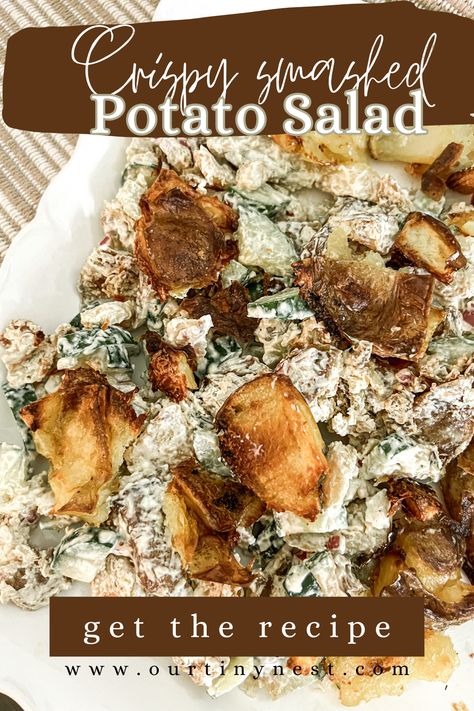 This is the best crispy smashed potato salad and a must have for summer picnics and bbqs. Potatoes are smashed and then roasted until crispy perfection for a satisfying crunch then mixed with cucumbers and a tangy sour cream dill sauce. Serve with grilled steak or chicken. Crispy Smashed Potato Salad, Steak Charcuterie Board, Cold Sides, Smashed Potato Salad, College Recipes, Potato Salad Dill, Potato Salad Recipe Easy, Broccoli Cauliflower Salad, Crispy Smashed Potatoes