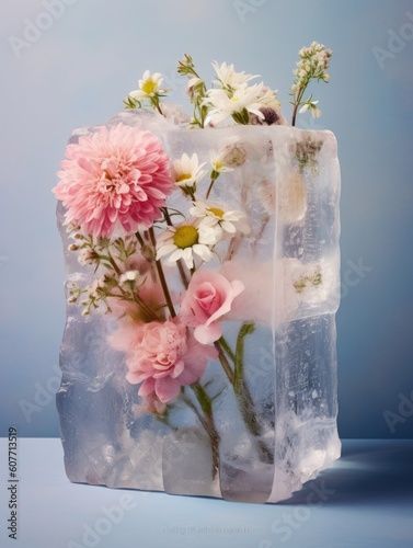 Stock Image: Spring flowers frozen in a box of ice on pastel blue background. Generated AI. Flowers Frozen In Ice, Frozen Flowers In Ice, Sculptural Decor, Flowers In Ice, Woodstock Wedding, Frozen Flowers, Bad Case Of Stripes, Kids Yard, Pastel Blue Background