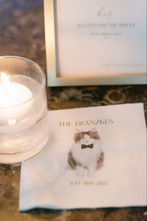 How To Incorporate Cats In A Wedding, Pet Napkins Wedding, Cat Wedding Ideas, Cat In Wedding, Charlotte York, Wedding Cocktail Napkins, Cocktail Hour Wedding, Cat Wedding, Wedding Pets