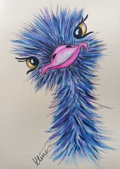 Ostrich Painting Easy, Ostrich Craft, Whimsey Art, Emu Painting, Ostrich Painting, Whimsical Art Drawings, Whimsical Art Paintings, Prismacolor Art, Whimsical Paintings