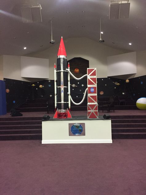 VBS 2015 Space To The Edge! Space Vbs Decor, Vbs Outfits, Rocket Decorations Space Theme, Rocket Ship Classroom Door Space Theme, Rocket Ship Bulletin Board Outer Space, Inside Rocket Ship, Vbs Stellar, Space Vbs, Galactic Starveyors Vbs 2017