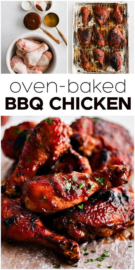 This Easy Baked BBQ Chicken Recipe is moist and juicy on the inside and deliciously charred and sticky on the outside. Super easy to make, it’s the best oven-baked barbecue chicken and perfect for year-round family dinners. Best Oven Bbq Chicken, Bbq Chicken Recipes Oven, Bbq Chicken In Oven, Barbecue Chicken In The Oven, Oven Baked Bbq Chicken Breast, Easy Baked Bbq Chicken, Barbecue Chicken Breast Recipes, Baked Bbq Chicken Drumsticks, Oven Baked Chicken Drumsticks